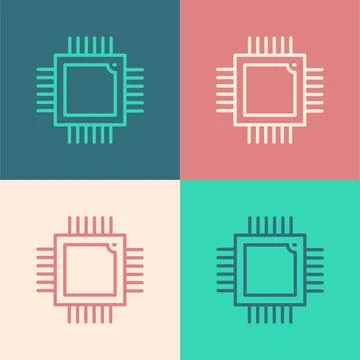 White Computer processor with microcircuits CPU icon isolated on black Illustrazione stock