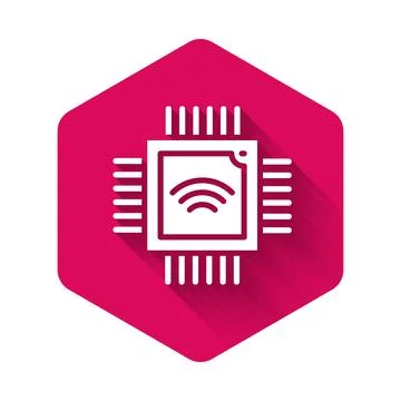 White Computer processor with microcircuits CPU icon isolated with long shadow Illustrazione stock