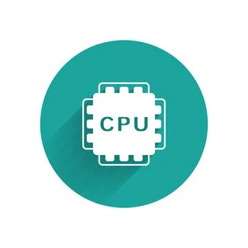 White Computer processor with microcircuits CPU icon isolated with long shadow Stock Illustration