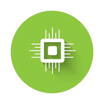 White Computer processor with microcircuits CPU icon isolated with long shadow Illustrazione stock