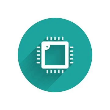 White Computer processor with microcircuits CPU icon isolated with long shado Stock Illustration