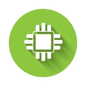 White Computer processor with microcircuits CPU icon isolated with long shadow Illustrazione stock