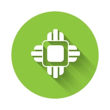 White Computer processor with microcircuits CPU icon isolated with long shado Illustrazione stock