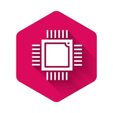 White Computer processor with microcircuits CPU icon isolated with long shado Stock Illustration