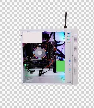 White computer revealing internal components such as the CPU fan, motherboard Stock Photos
