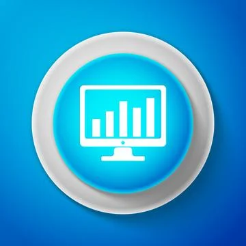 White Computer screen with financial charts and graphs icon isolated on blue Stock Illustration