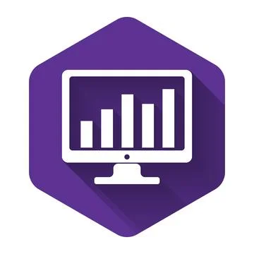 White Computer screen with financial charts and graphs icon isolated with long Illustrazione stock