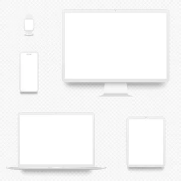 White computer screen, laptop, smartphone, tablet pc and smart watch mockup s Illustrazione stock