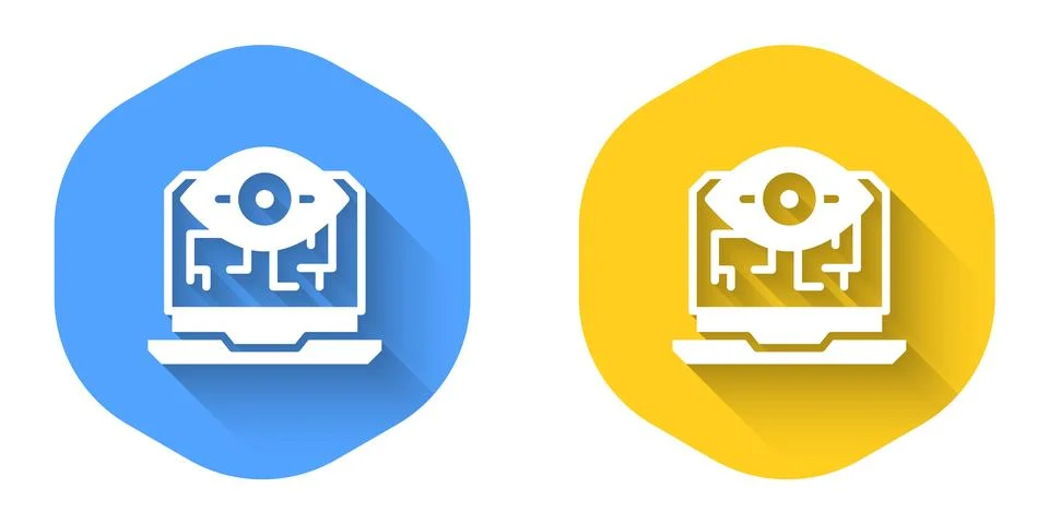 White Computer vision icon isolated with long shadow background. Technical .. Stock Illustration