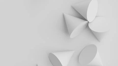 White cones falling down. 3d render of primitive geometric shapes swing. Stock Footage 132543368