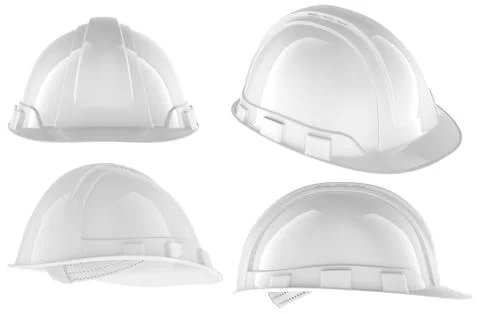 White construction hard hat set, different angles. 3D rendering Stock Illustration