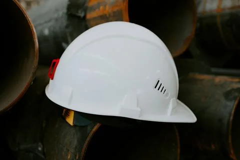 White construction helmet is lying on the pipe Stock Photos