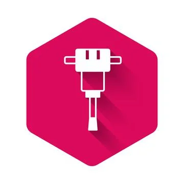 White Construction jackhammer icon isolated with long shadow background. Pink Stock Illustration