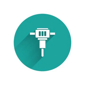 White Construction jackhammer icon isolated with long shadow. Green circle Stock Illustration