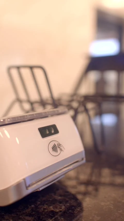 White contactless card reader on dark marble cafe counter with warm Stock Footage 336535129