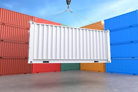 White container cargo container hanging on a crane hook, delivery service con Stock Illustration