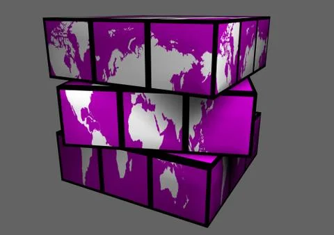 White Continents Mauve Globe as Cube World Map Ilustração Stock