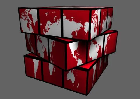 White Continents Red Globe as Cube World Map Stock Illustration