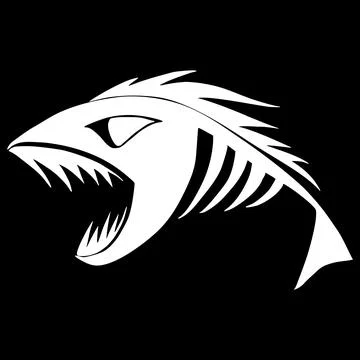 White contour drawing of a fish skeleton on a black background, logo, design 스톡 일러스트
