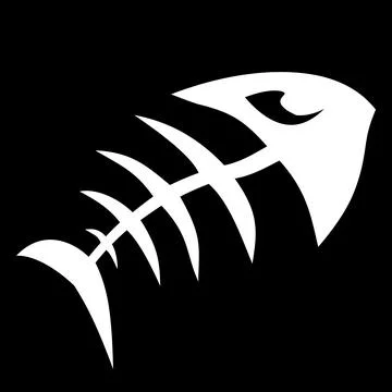 White contour drawing of a fish skeleton on a black background, logo, design Stock-Illustration
