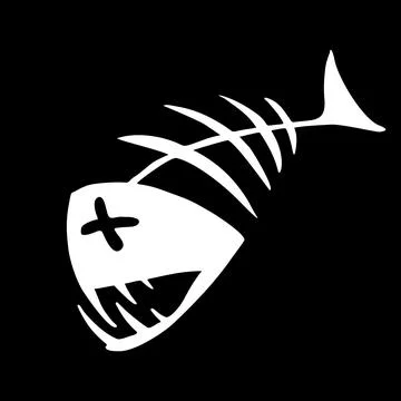 White contour drawing of a fish skeleton on a black background, logo, design Illustrazione stock
