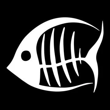 White contour drawing of a fish skeleton on a black background, logo, design Illustrazione stock