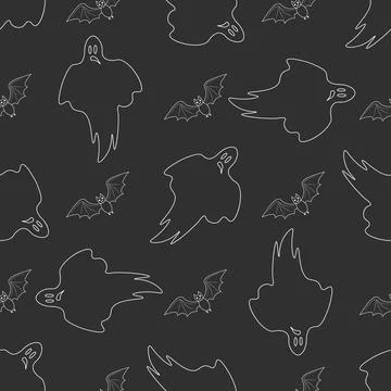 White contour ghost and bat seamless pattern. Halloween celebration Stock Illustration