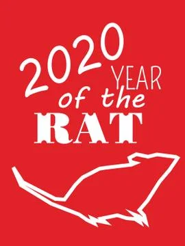 White contoured rat on red background and text '2020 year of the rat' Stock Illustration