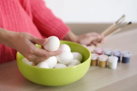 White cooked eggs ready to be painted for Easter Stock Photos