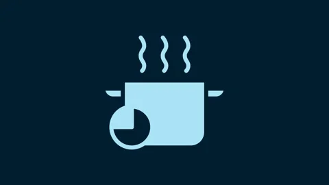 White Cooking pot and kitchen timer icon isolated on blue background. Boil or 動画素材 229573415