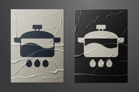 White Cooking pot icon isolated on crumpled paper background. Boil or stew food Stock-Illustration