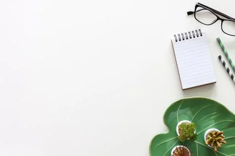 White copy space with a notebook, ceramic monstera leaf and succulents. Stock Photos