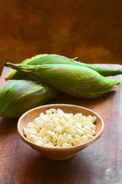White Corn Called Choclo (Peruvian or Cuzco Corn) Stock Photos