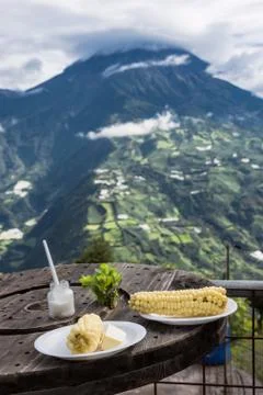 White corn with young cheese - typical food in the Andes Stock Photos