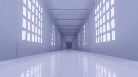 White corridor with bright windows 3d rendering illustration background Stock Illustration