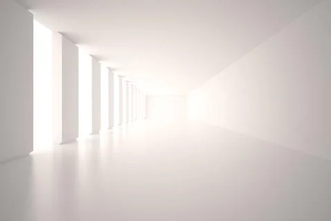White corridor is extending toward vanishing point, showing polished floor Ilustración de archivo