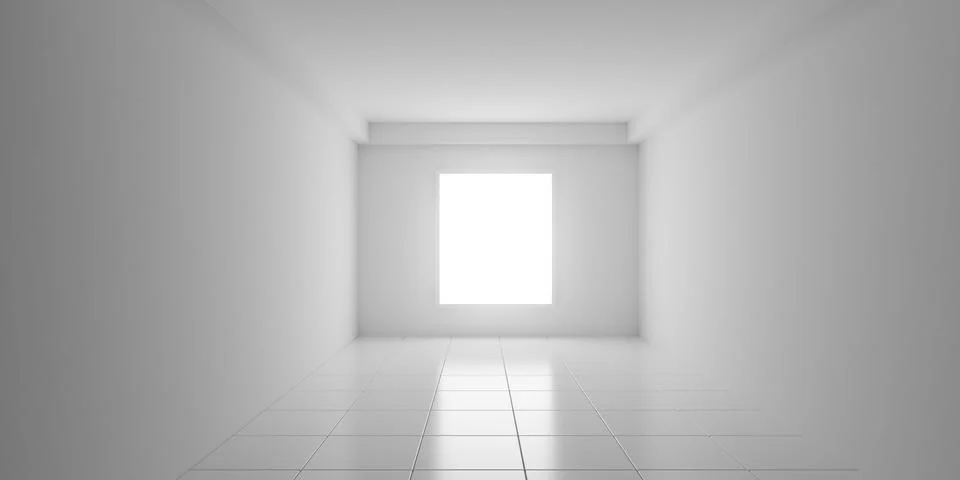 White corridor or room background with tiled floor and window at the end, m.. Stock Illustration