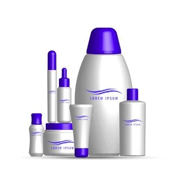 White cosmetic packaging mockup set with blue caps Ilustración de archivo