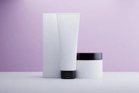 White cosmetic packaging studio shot, lilac background Stock Illustration