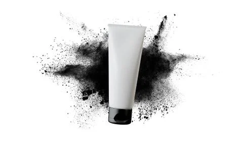 White cosmetics tube mock up with exploding powder background. 3D Rendering Stock Illustration