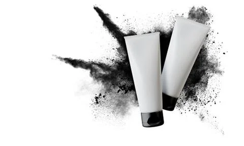 White cosmetics tube mock up with exploding powder background. 3D Rendering Stock Illustration