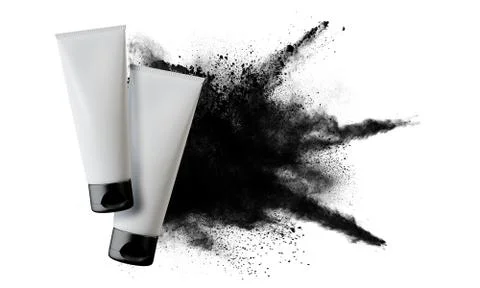 White cosmetics tube mock up with exploding powder background. 3D Rendering Stock Illustration
