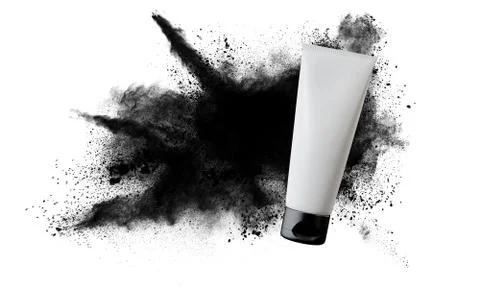 White cosmetics tube mock up with exploding powder background. 3D Rendering Stock Illustration