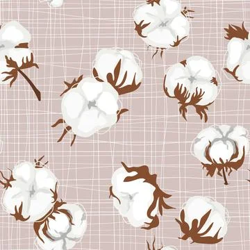 White cotton Balls seamless pattern on the crossed lines background. Cozy floral Illustrazione stock