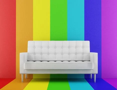 White couch in front of rainbow multicolored wall Stock Illustration