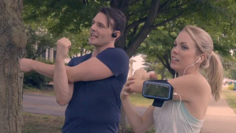 White Couple Stretching before Run Stock Footage 92546529