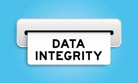 White coupon banner with word data integrity  from machine on blue color ba.. Illustrazione stock