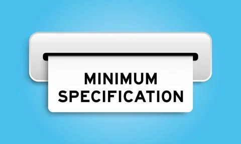 White coupon banner with word minimum specification from machine on blue co.. Illustrazione stock