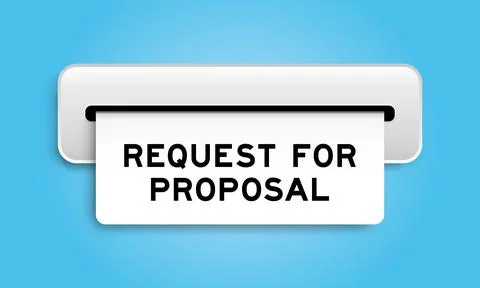 White coupon banner with word request for proposal from machine on blue col.. Stock Illustration