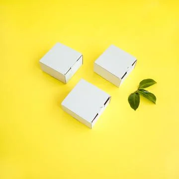 White craft boxes on a yellow background with a decor of green leaves. Top .. Stock Photos
